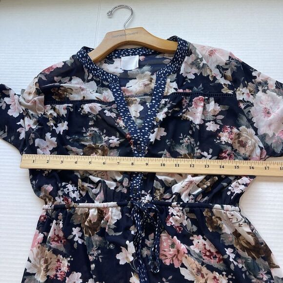 Womens Babydoll Top XL Floral V Neck Button Up Stretch Roll Tab Tunic Semi Sheer - Picture 7 of 12